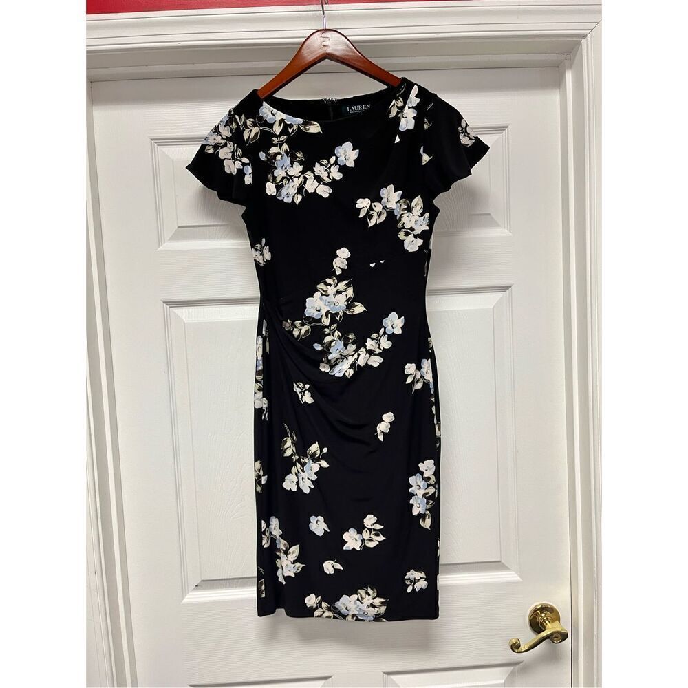 Lauren Ralph Lauren Black Floral Print Ruched Wrap Waist Dress sz 2 EUC